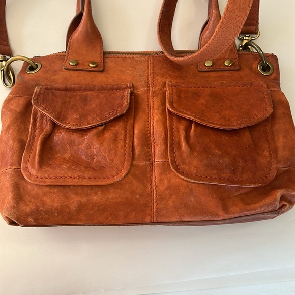 Fossil Vintage Leather Satchel Tote Shoulder Bag Brown Orange Distressed - Picture 3 of 14